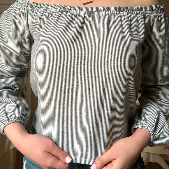 Navy & White Striped Off The Shoulder Brandy Top - Picture 2 of 5